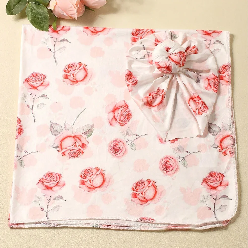 Ylsteed Rose Flower Print Newborn Photography Wrap with Turban Hat Infant Photo Shooting Outfits  Baby Receiving Swaddle Blanket 3