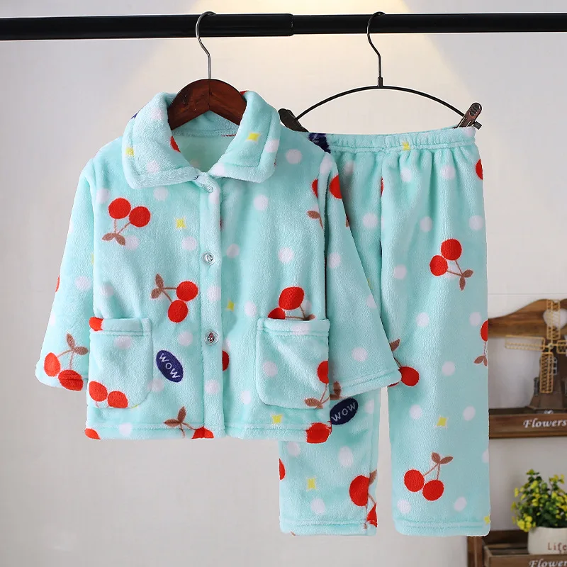 Children Flannel Warm Thicken Pajamas Set Baby Boys Girls Clothing Set Cartoon Printed Cute Kawaii Sleepwear Home Wear 2 Pcs Set custom pajama sets	 Sleepwear & Robes