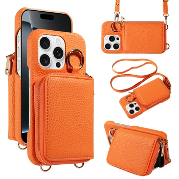 Funda de teléfono de piel sintética de alta calidad para Iphone16e 16 15 14 13 12 11 Pro Max, bolso cruzado, ranura para tarjetas tipo billetera, antidesmagnetización