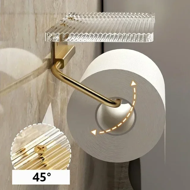 Porte-papier hygiénique doré de luxe avec étagère, sans poinçonnage, porte-rouleau de papier acrylique, cintre pour mouchoirs, accessoires de salle de bains 4