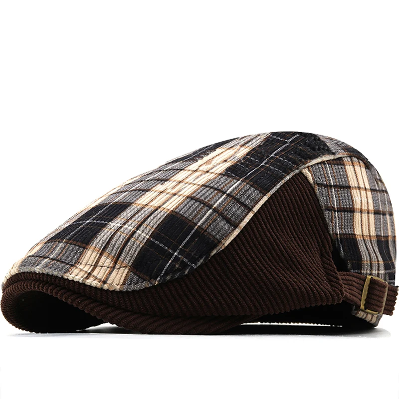 

New Autumn Beret Hat Men Women Plaid Flat Peaked Cap Plus Velvet Warm Herringbone Hat Patchwork Visor Artistic Newsboy Caps