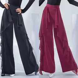 2022 Latin Dance New Modern Dance Wide Leg Pants Women Female Ballroom Dance High Waist Ruffles Dance Pants