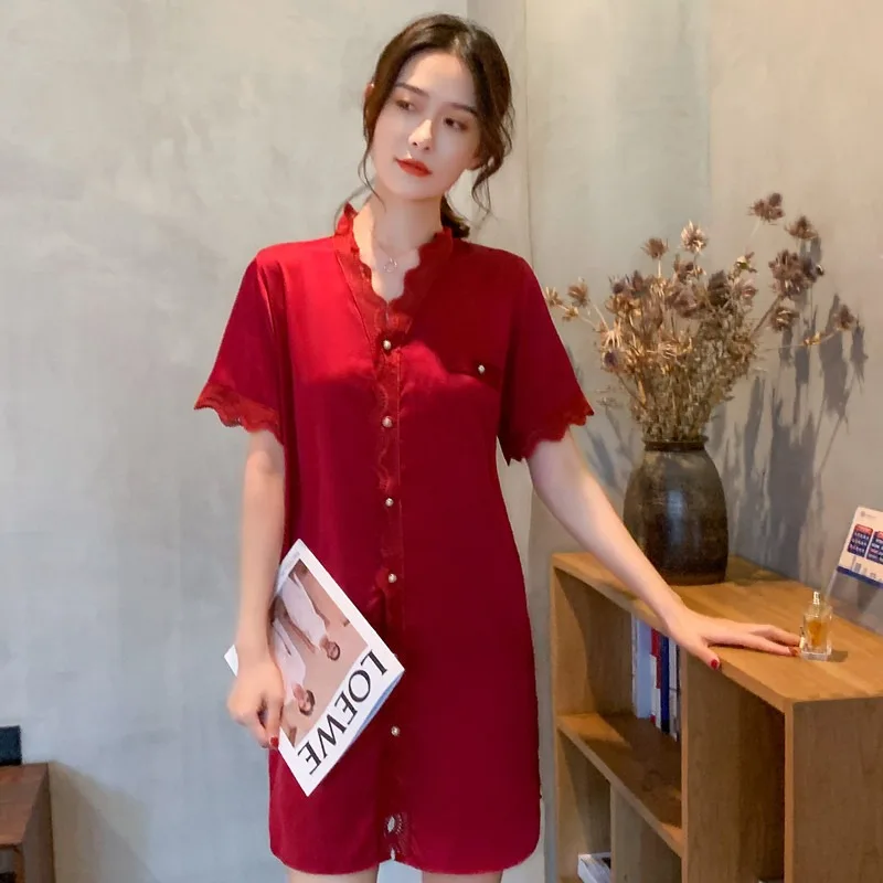 Sexy Lace Trim Women Ice Silk Sleepwear Female Nightgown Solid Nightdress Lounge Sleep Dress Ladies Night Shirts Home Clothing