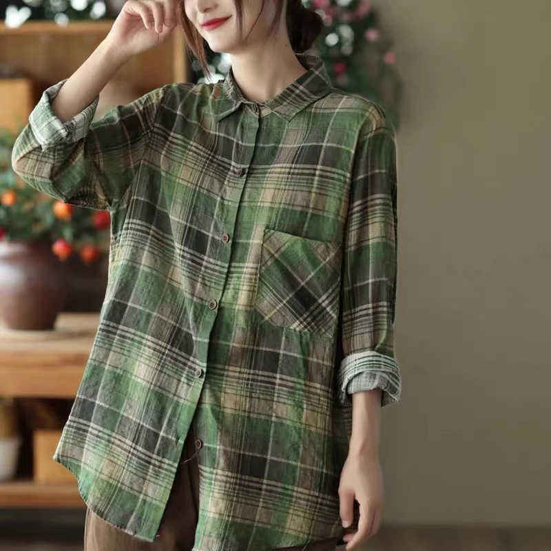 

2022 Arts Style Women Long Sleeve Turn-down Collar Loose Shirts All-matched Casual Cotton Linen Plaid Blouse Female Tops C452