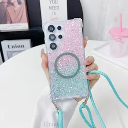 Sparkling Shockproof Phone Case with Magnetic Lanyard and Strap Cover - S24 (Pink blue)