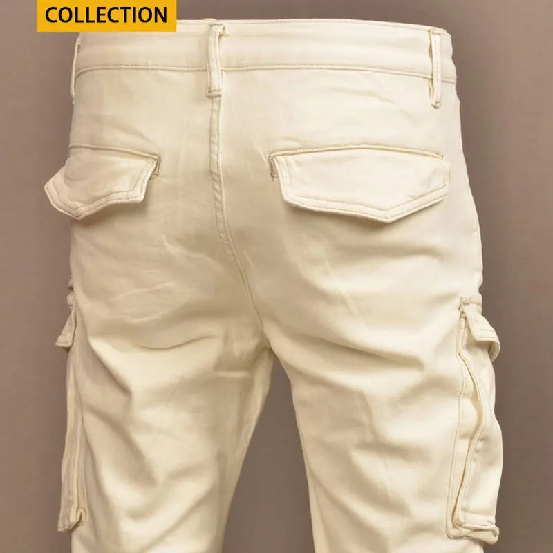 High Street Fashion Men Jeans Beige White Stretch Skinny Fit Spliced Biker Jeans Homme Pocket Designer Hip Hop Denim Pants Men