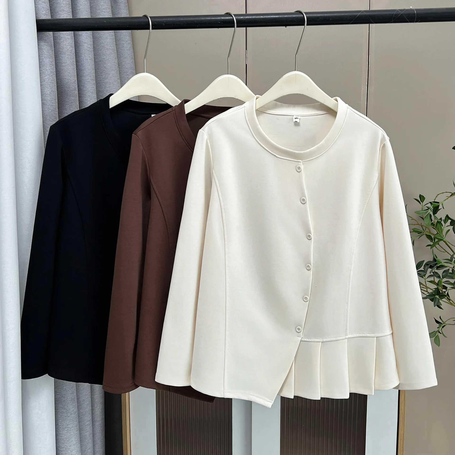 XXXXL Fashion Plus Size Women's T-Shirt New Autumn Style Thickened Irregularly Fold Hem Long Sleeved Top 2545