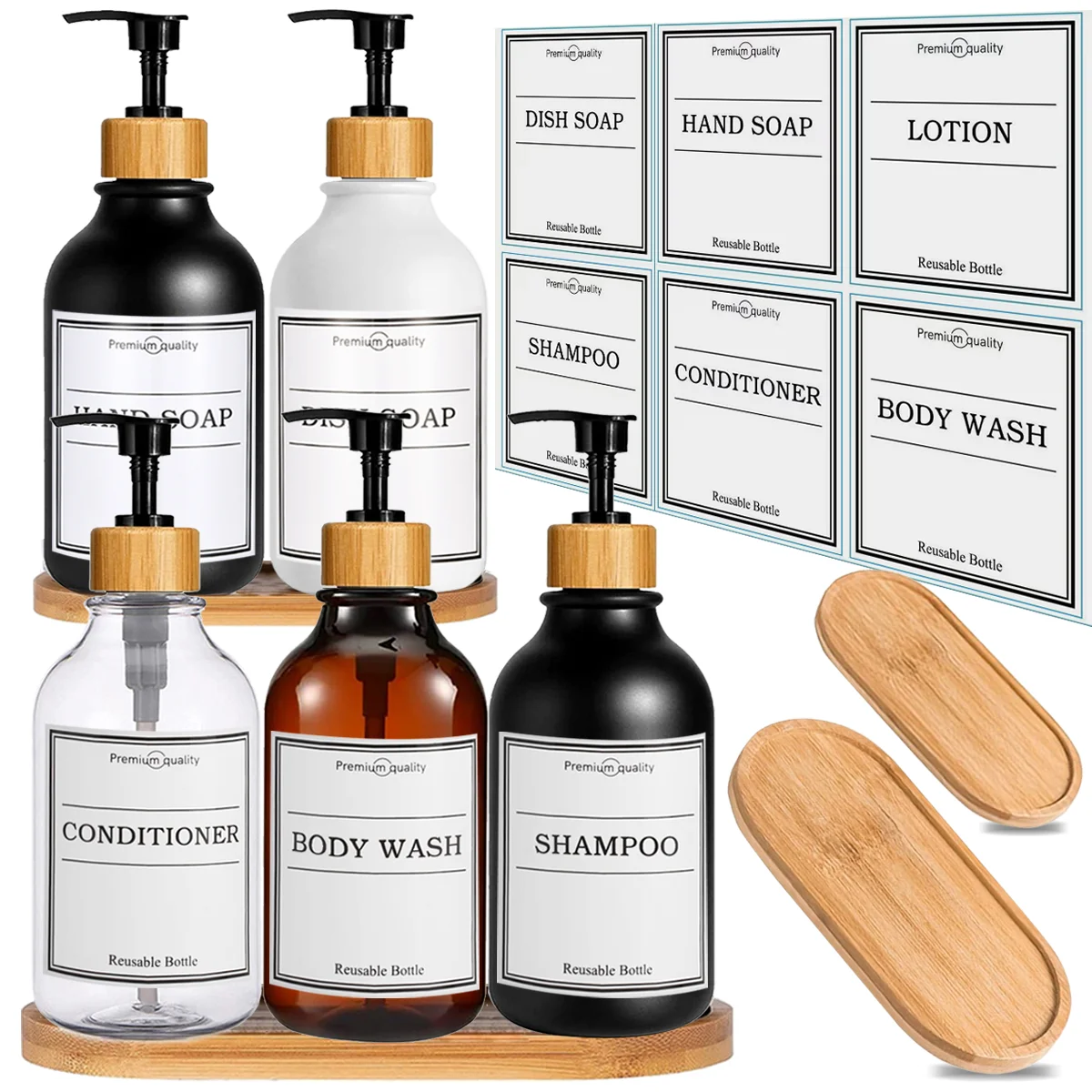 Dish Soap Dispenser for Kitchen Bathroom Liquid Hand Soap Dispenser Refillable Soap Bottle with Waterproof Labels 16 Oz
