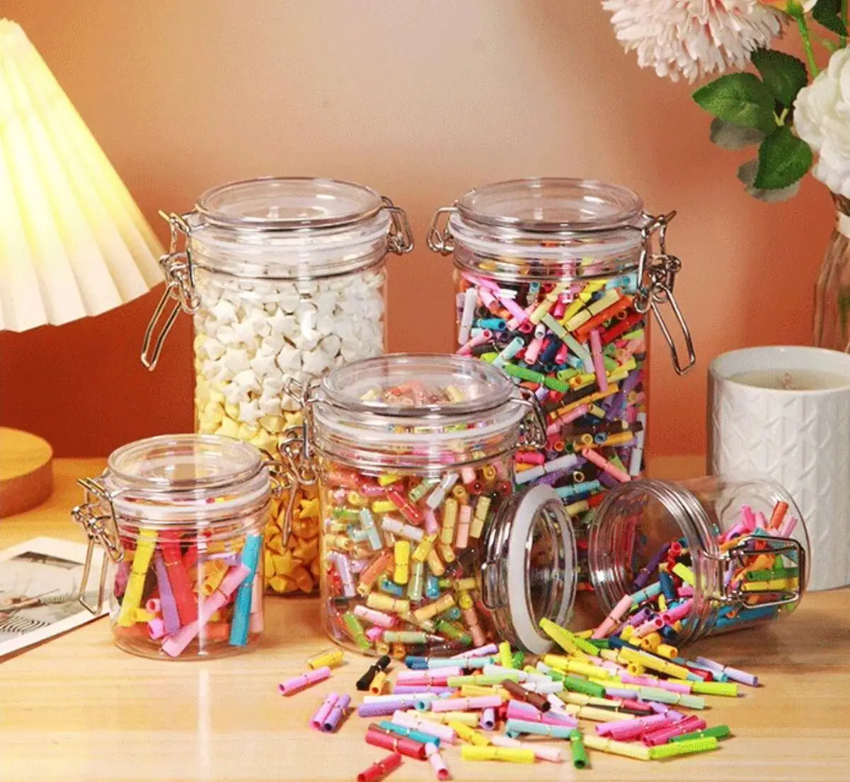 Sealed Plastic Jars With Clip Lids Wishing Bottles Snack Jars Message Storage Jars Candy Jars, Stainless Steel Snap Seal Jars 6