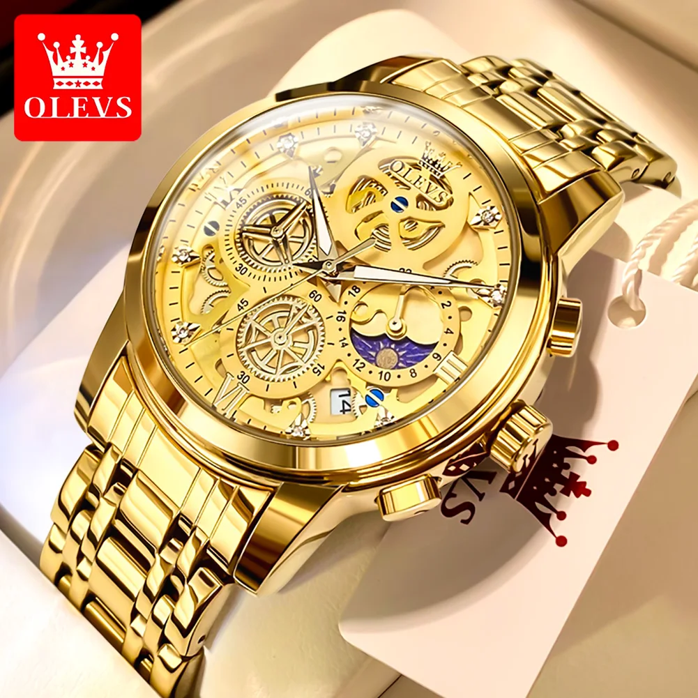 OLEVS Top Brand Men's Watches Luxury Original Waterproof Quartz Watch for Man Gold Skeleton Style 24 Hour Moon phase Day Night