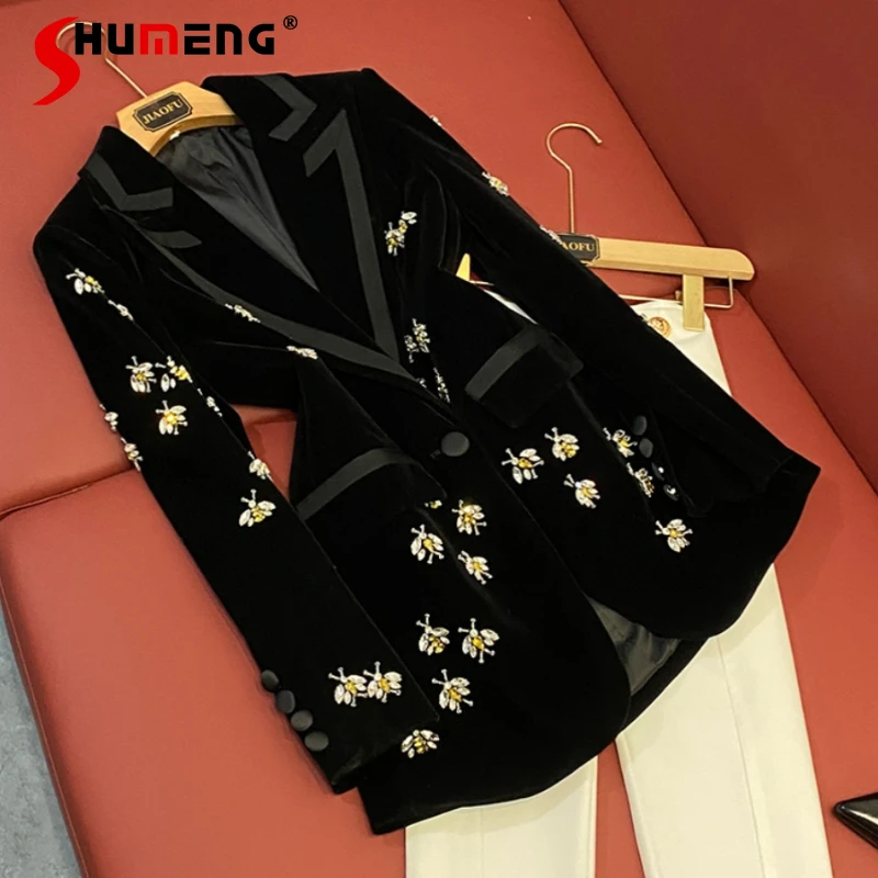 

Spring High-End Unique Heavy Industry Mid-Length Diamond Top Socialite Style Temperament Suit Coat Women's Long Sleeved Blazer