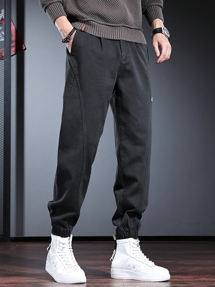 Autumn Cotton Baggy Pants Men Casual Sport Dark Gray Elastic Waist Jogging Trousers