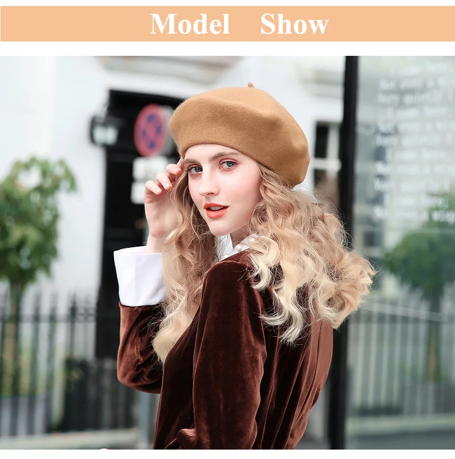 Wolle Baskenmütze Hüte Frauen Winter Französisch Hut Mädchen Einfarbig Mode Herbst Winter Baskenmütze Hut Für Frauen Warm Filz Straße Berets – Detail 15