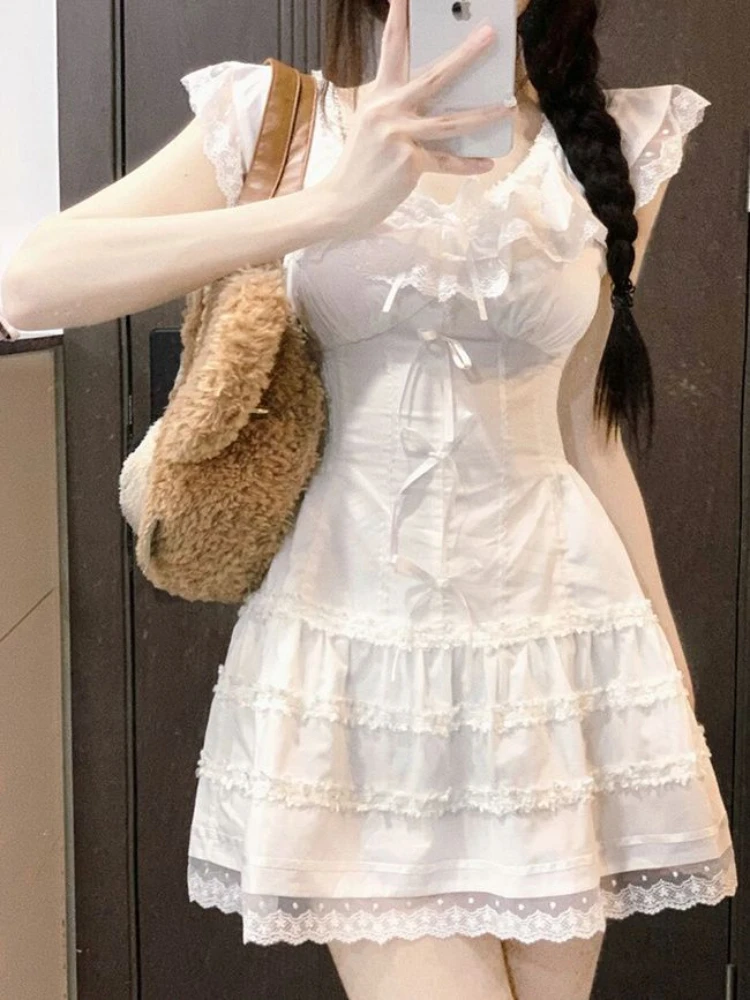 

QWEEK Y2k Coquette White Lolita Sweet White Kwaii Cute Mini Dress Women Lace Bow Princess Slip Lace Short Dresses 2024 Fashion