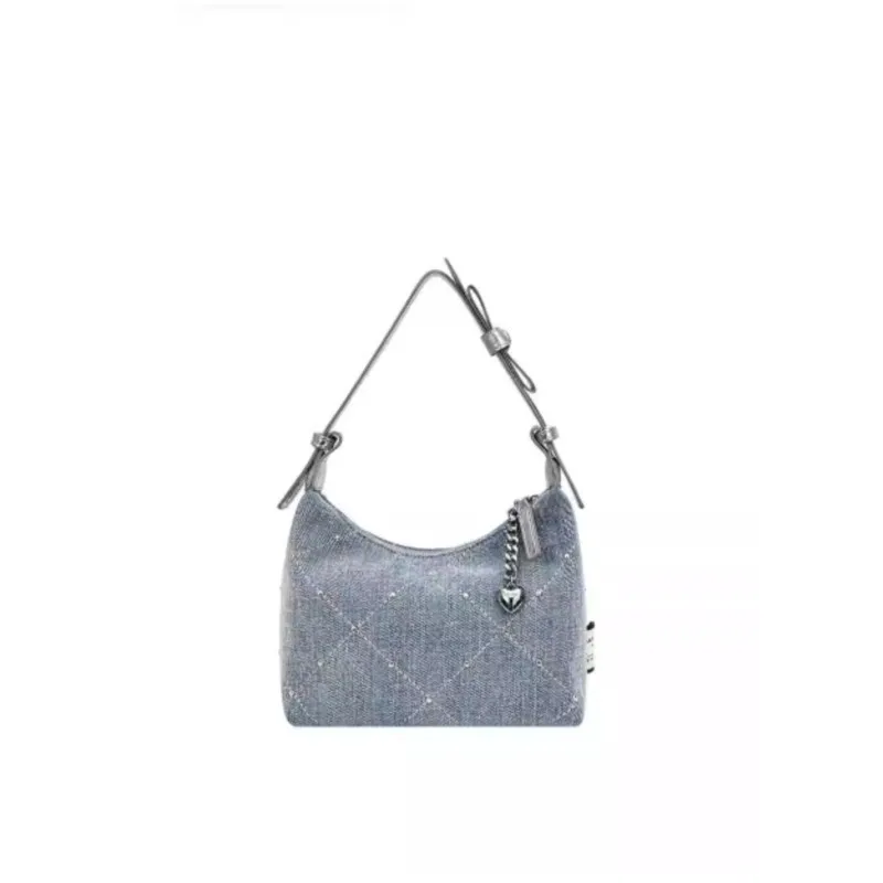 JIAERDI Blue Hotfix Denim Handbag Women Vintage Diamond Stitching Bow Underarm Bag Ladies Hot Girl Y2k Aesthetics Crossbody Bag