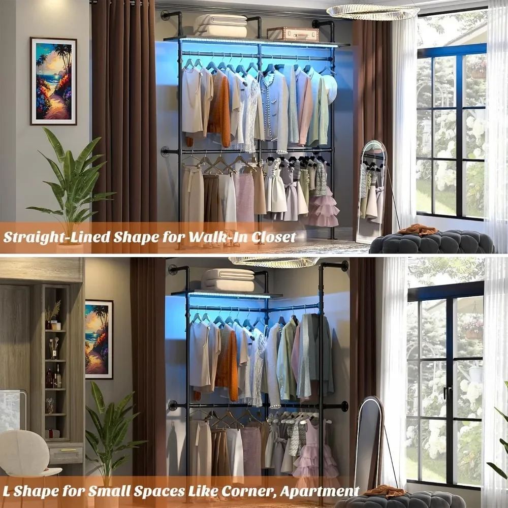 New2025-Industrial Pipe Clothing Rack, Reversible 79.7'' Clothes Rack for Hanging Clothes, Heavy Duty Garment Racks Closet Wardr