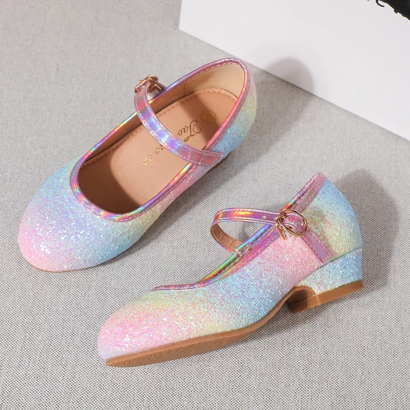 Klasický děvče kůže boty pro večírek tanec móda glittery děti kněžna boty děti svatební duha high-heels po jednom boty