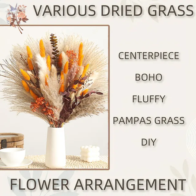 Natural Fluffy Pampas Grass Dried Flowers Bouquet Orange Boho