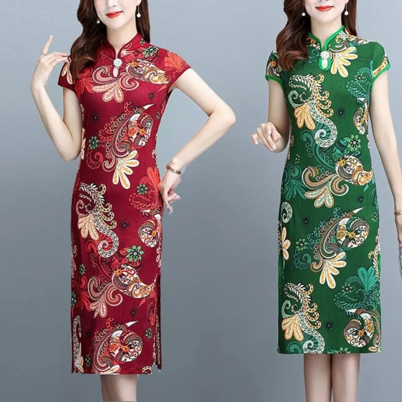 

Spring Summer Fashion Round Neck Cheongsam Short Sleeve Casual Women's Dress Print Sexy Vestidos De Fiesta Chic Female Clothes