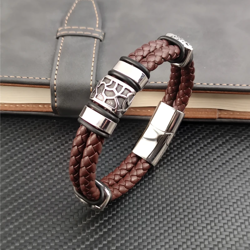 Brown Luxury 316L Stainless Steel Irregularly Cracked Man Bracelet Genuine Braided Leather Men's Jewelry Free Shipping Items