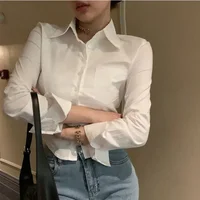 2025 New Female Korean White Office Women Chiffon Shirt Pocket Button Lapel Ladies Blouse Spring Commuter Long Sleeve Crop Tops - Image 3