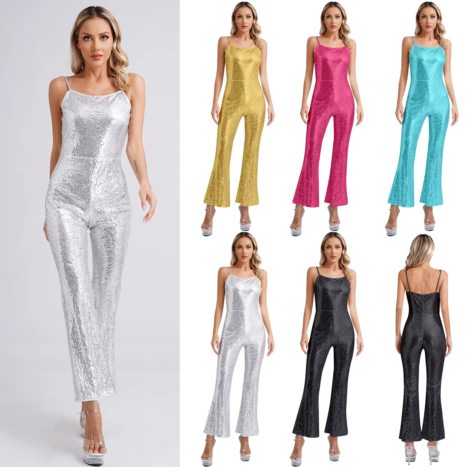 Womens Sparkly Sequin Slip Rompers Spaghetti Straps High Waist Wide Leg Flare Pants One-Piece Jumpsuit for Halloween Club Party