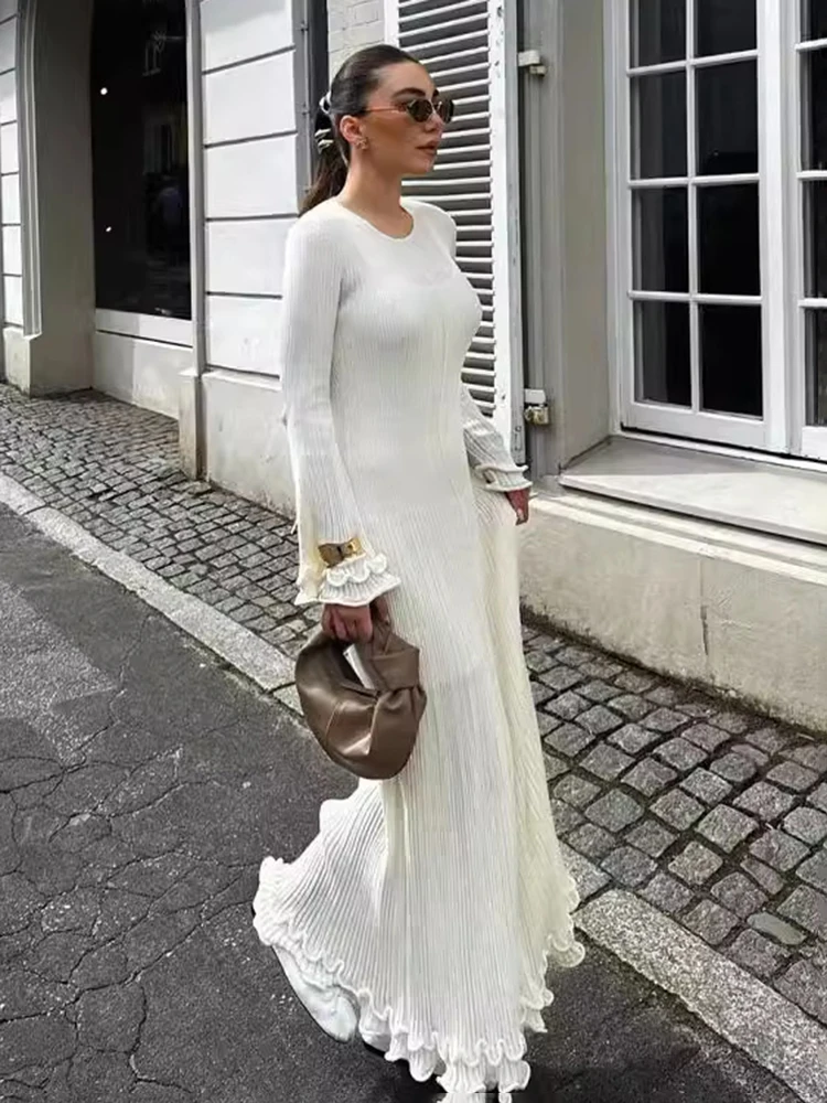 Solid Long Sleeve Slim Maxi Fungus Dress For Women Backless Elegant Long Dress Club Party Clothes Autumn Winter 2025 New