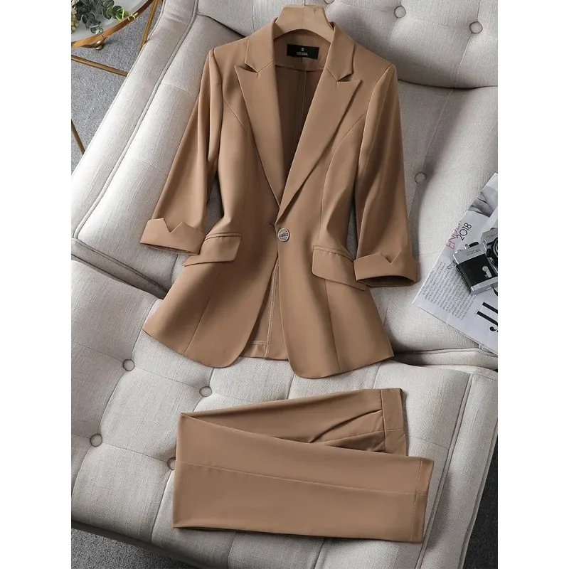 

Women Summer Business Work Wear Pant Suit Pink Blue Khaki Black Office Ladies Half Sleeve Blazer And Trouser Formal 2 Piece Set