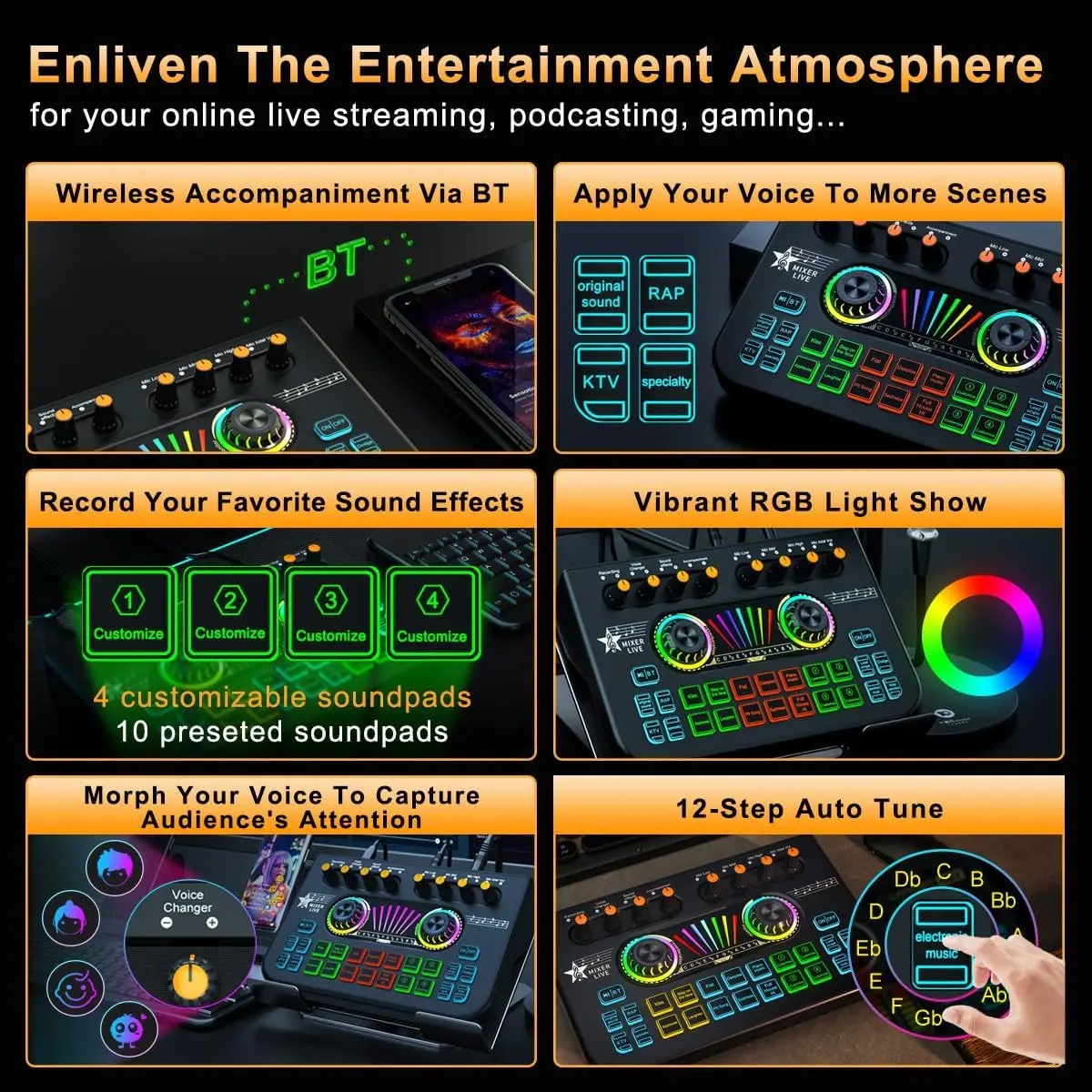 Sound Card Audio Interface Audio Mixer Gaming Audio Mixer Streaming Mixer with Audio Interface BT Sound Board Voice Changer Sound Card for PC Phone Live Streaming