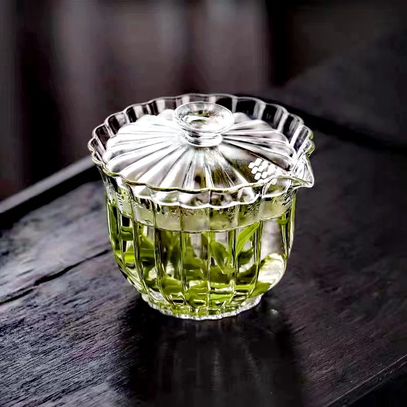 200ml Stripe Glass Gaiwan High Borosilicate Glass Tea Cup Puer Tea Bowl Chawan Soup Tureen Chahai Kung Fu Set Accessorie