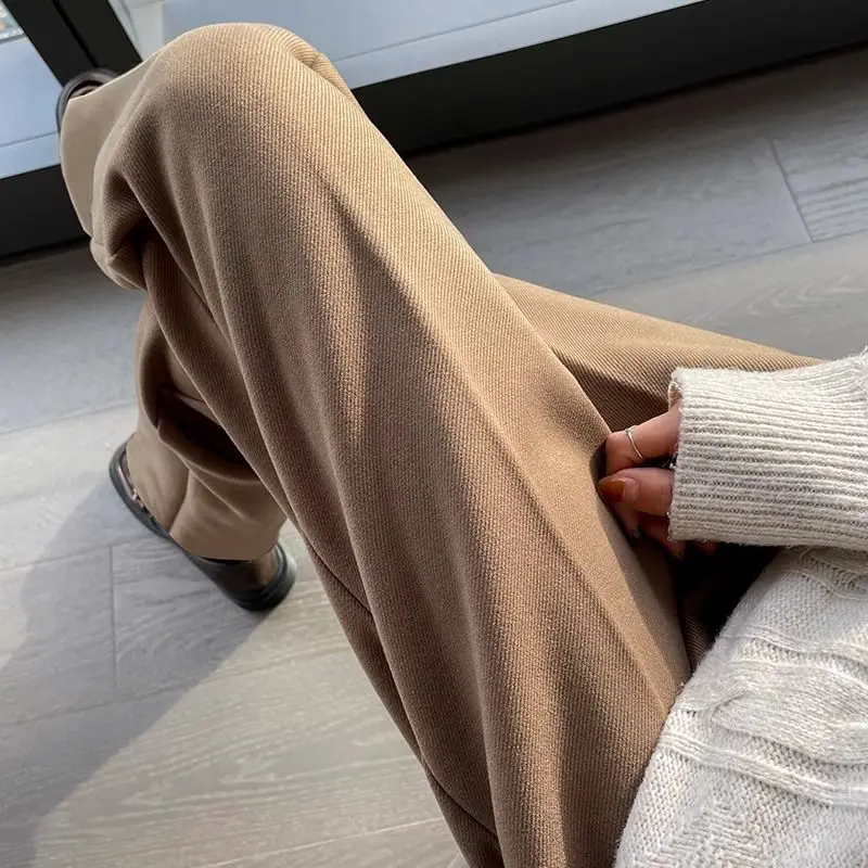 Semplicità Autunno Donna Pantaloni da abito in lana Tasche solide Bottoni Elastico a vita alta Pantaloni dritti alla caviglia addensati alla moda 2