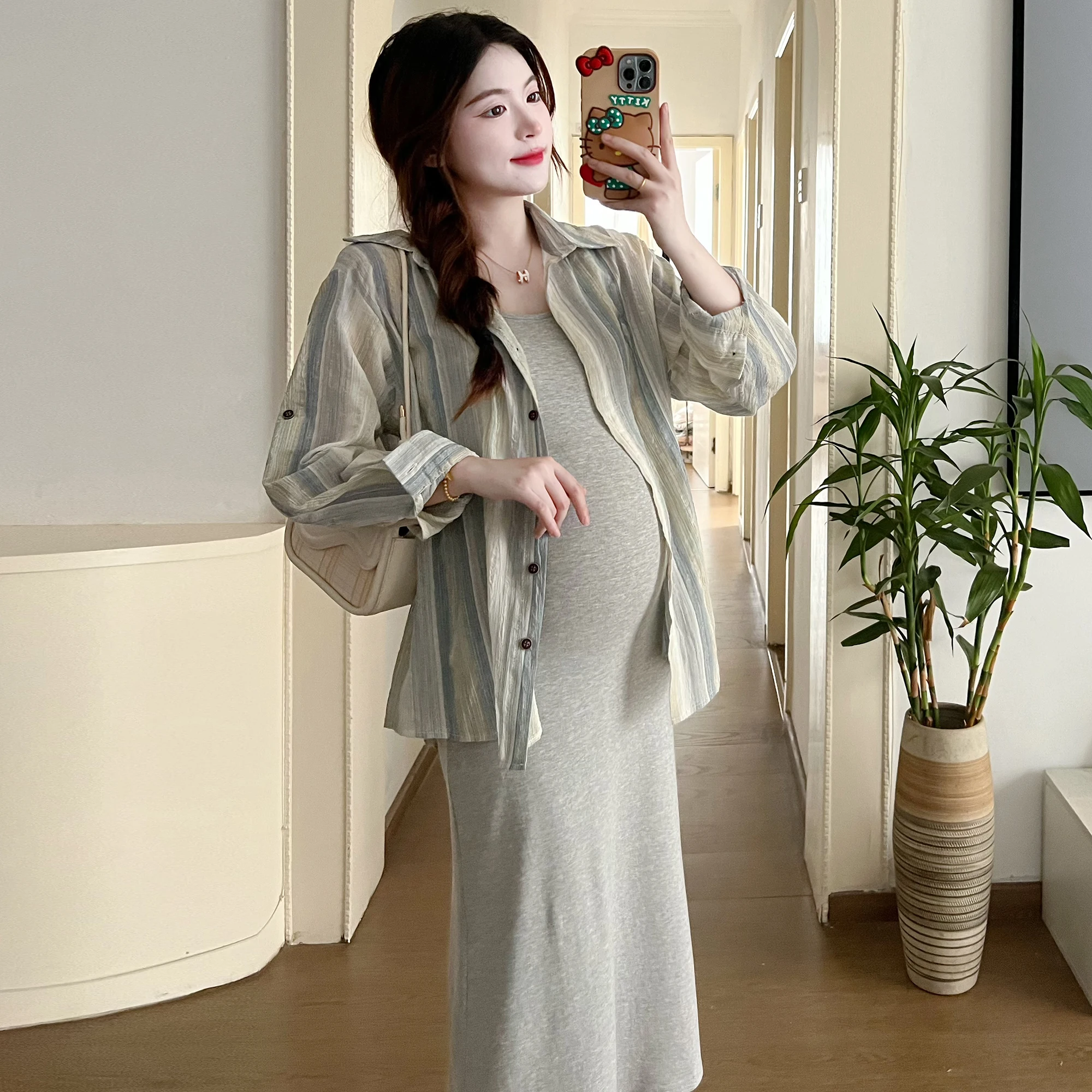 Good Quality Fashion Maternity Dress Suits for Spring Long Sleeve Turn-down Collar Striped Shirts Strap Dress Pregnant Woman Set