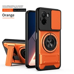 Magnetic Ring Car Mount Phone Case with Sliding Lens Cover and Dual Bracket Design for OnePlus Ace 6T (Orange)