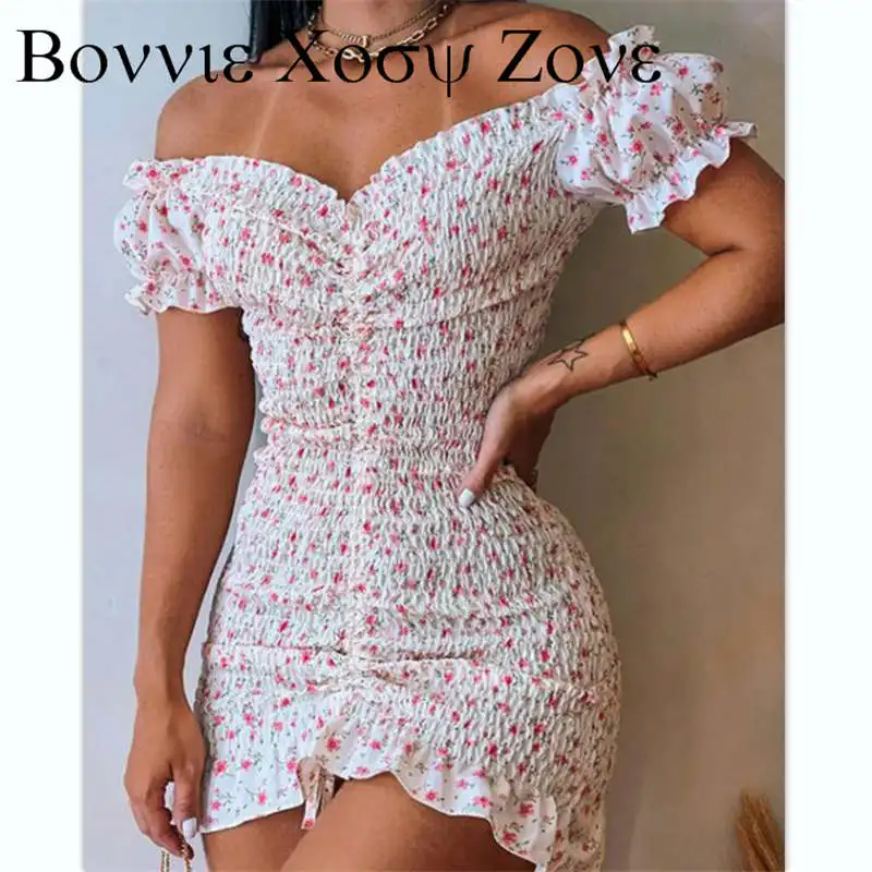 

Dress For Women 2023 Puff Sleeve Short Sleeve Drawstring Ditsy Floral Print Off Shoulder Ruffle Hem Shirred Sexy Mini Dresses