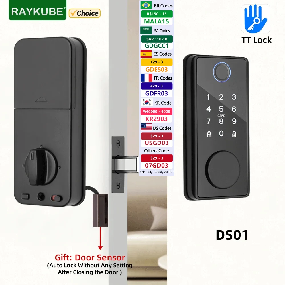 

RAYKUBE DS01 BLE TT Lock Smart Fingerprint Deadbolt Lock with Latch/Door Sensor Auto Lock Key/Password/Card/ TT Lock APP Unlock
