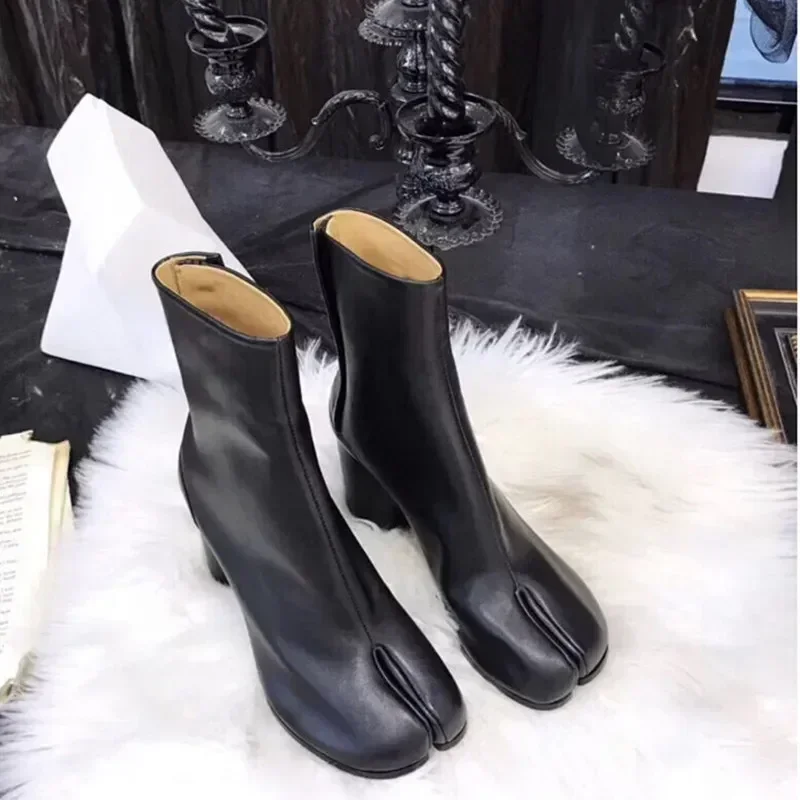 Women Split Toe Ninja Tabi Ankle Leather Boots Luxury Brand Design Round Heels Woman Shoes Lady 7.5cm / 3.5cm Heel Boot