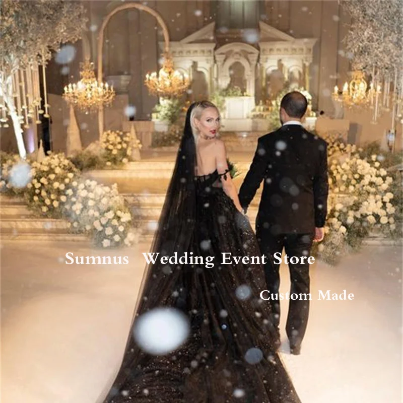 Sumnus Gothic Black A Line Wedding Dress Off Shoulder Cut-out Shining Bride Dreeses Long Train Tulle Plus Size Wedding Gowns tea length wedding dress