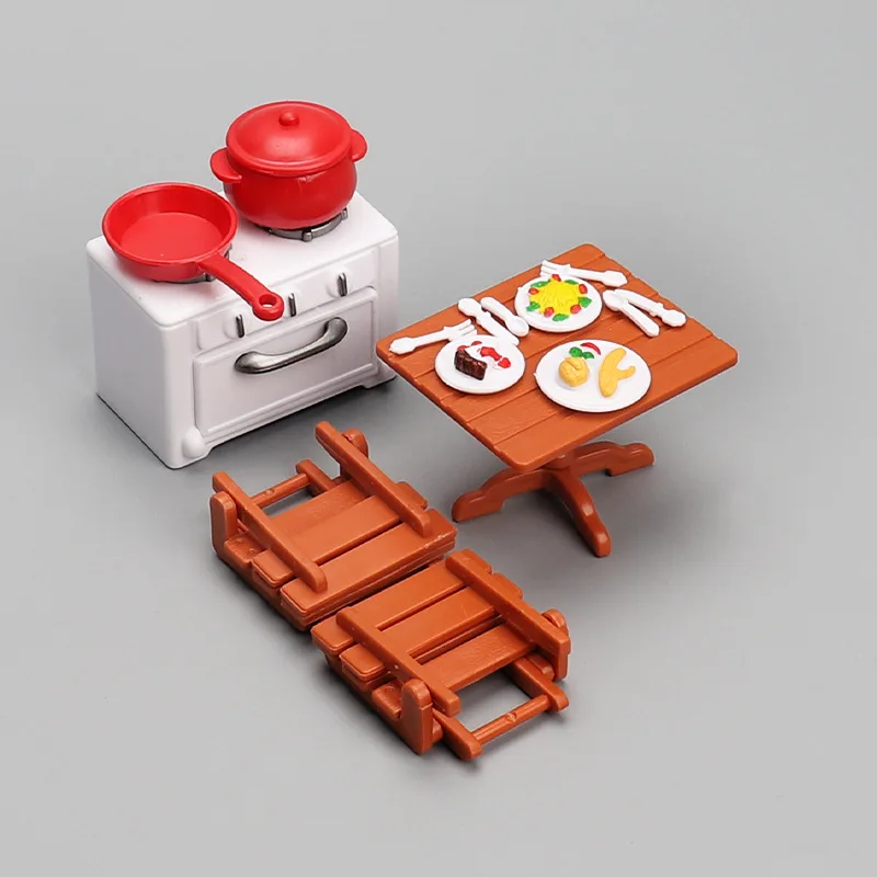 1:12 Miniature Kitchen Set Dollhouse Furniture With Table Chair Stove Realistic Food Play Accessories