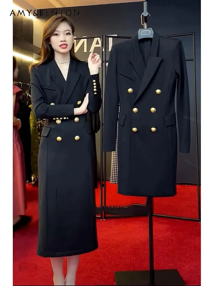 

Autumn and Winter High-Grade Cold Style High-End Black Long Sleeve Suit Dress for Women Elegant Fashion Mid-length Dress