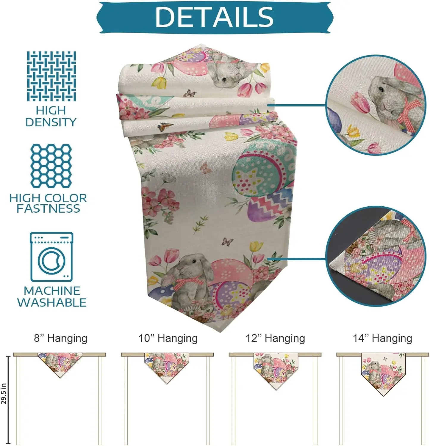 Bunny Eggs Flower Tulip Easter Linen Table Runners Dresser Scarf Table Decor Washable Kitchen Dining Coffee Table Runners Decor 6