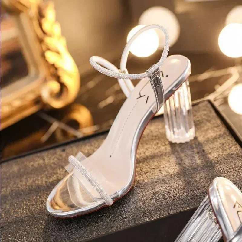 New Elegant Women Sandals Shiny Crystal Shoes Sexy High Heel Shoes Ankle-Wrap Slip-On Ladies Party Wedding Shoes
