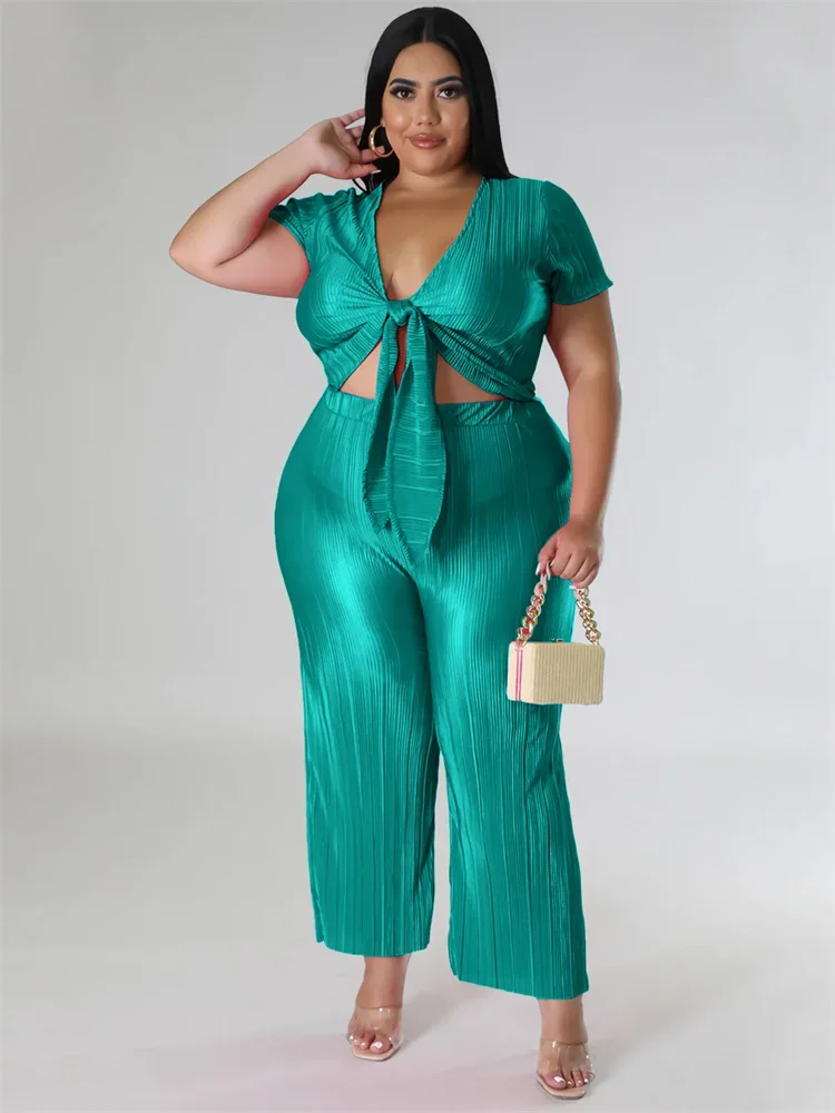 Wmstar Plus Size Two Piece Sets Women Clothing Solid V Neck Tops and Pants Wide Leg Matching Set Wholesale Dropshopping 2023