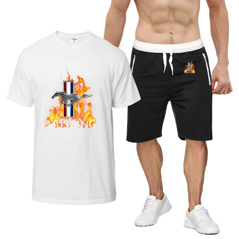 2022 new men's short-sleeved Mustang print summer Harajuku style T-shirt high-quality T-shirt shorts suit 2Pcs sportswear