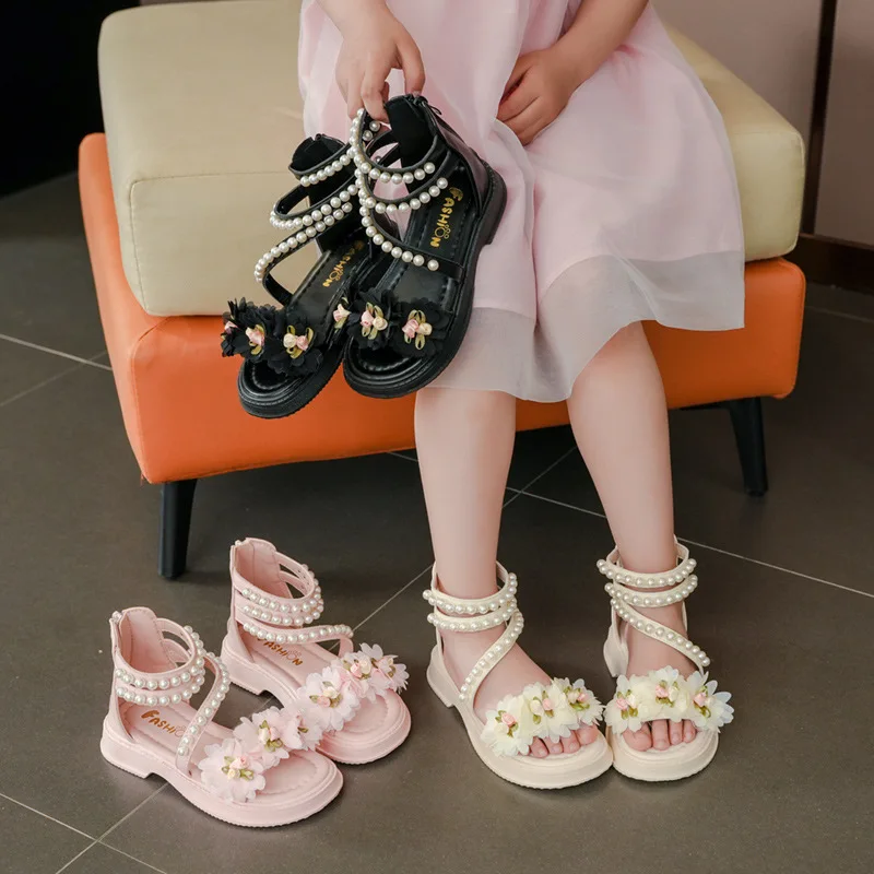 Children's Sandals for Girls Elegant Sandals Pearl Beading Sweet
