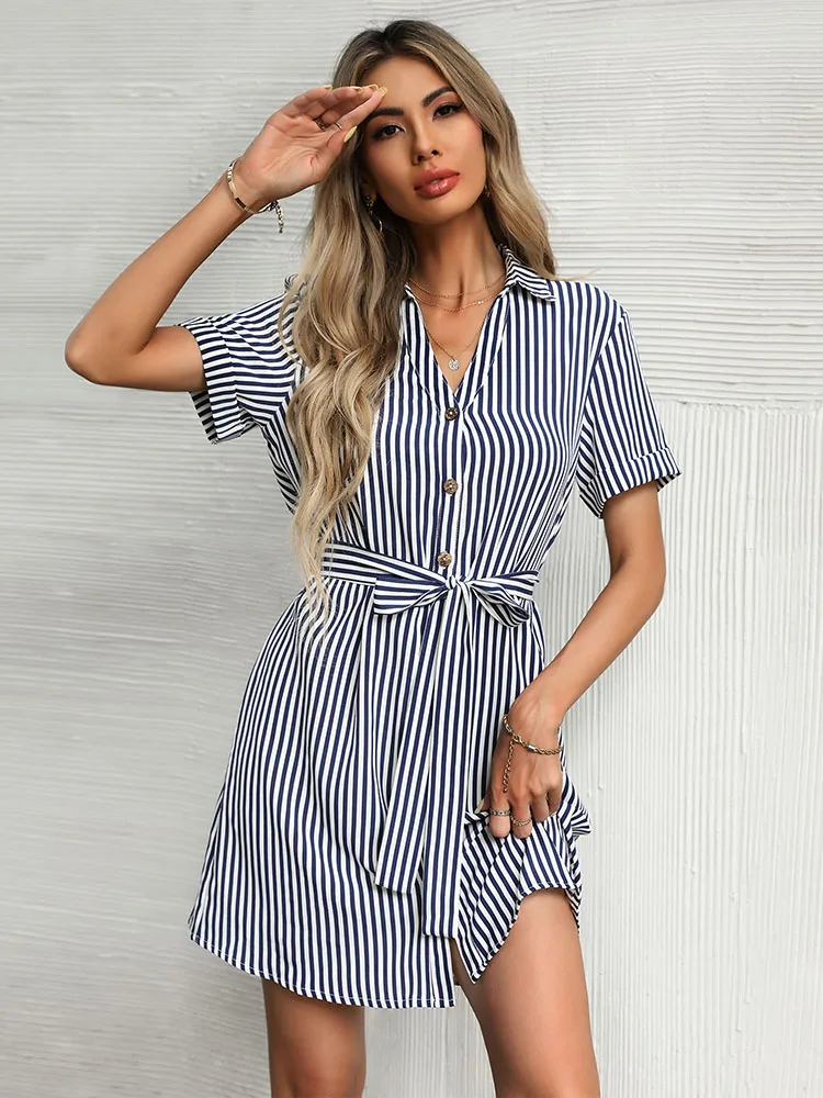 Syiwidii Shirts Dresses for Women Blouse Turn-down Collar Office Lady Straight Sashes Mini Harajuku Summer Vintage Clothing 2022 party dresses Dresses