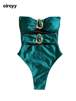 Circyy Strapless Swimsuit Women Metal Decor One Pieces Swimwear Hollow Out Sexy Bodysuit Summer 2025 New Fashion Bathing Suit