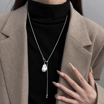 LATS – collier Long en acier inoxydable avec perles baroques pour femmes, chaîne réglable, accessoires de pull, bijoux à la mode