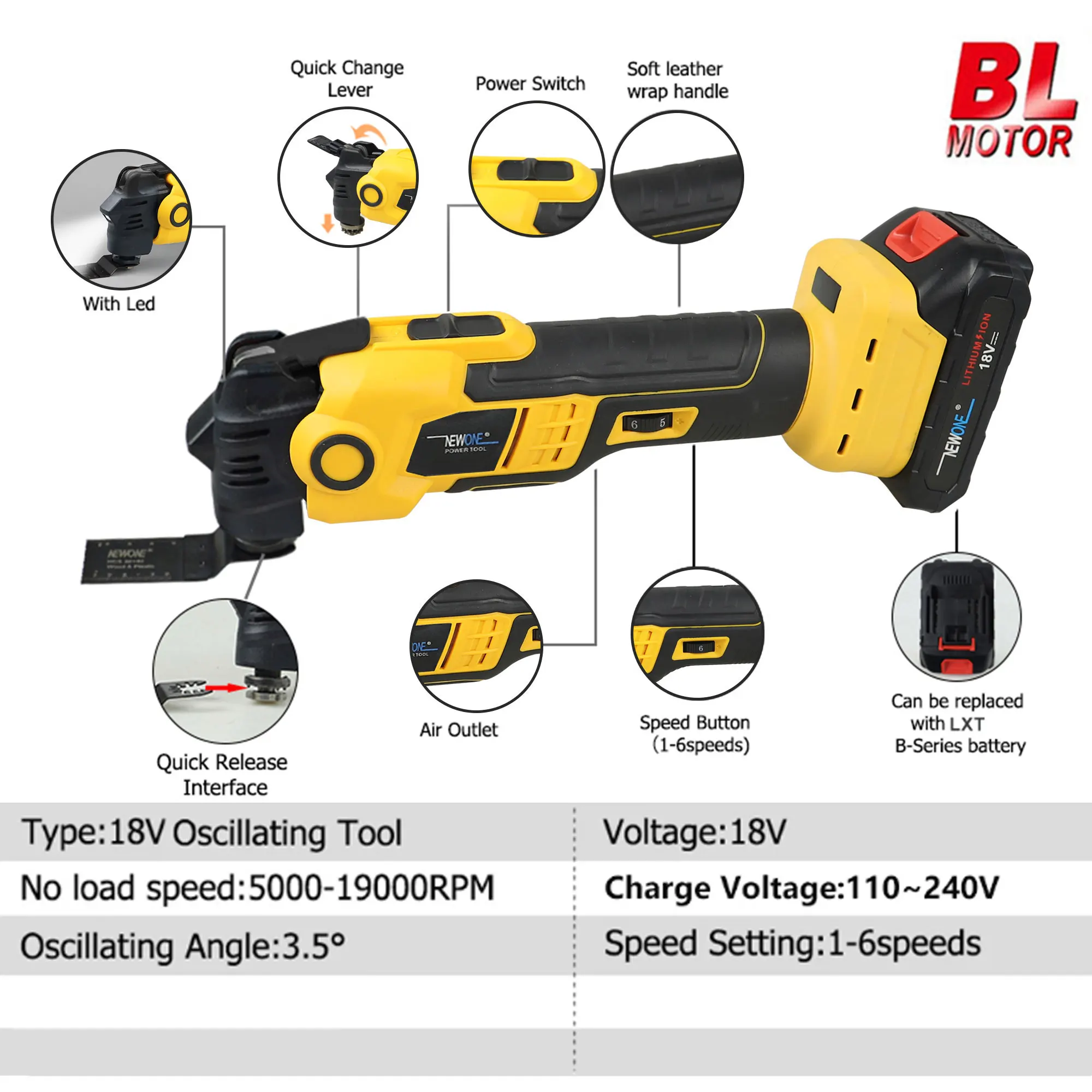 NEWONE 18V Brushless Quick release Oscillating tool Multi functional tool Renovator Electric trimmer Compatible for MAKITA 18V 2