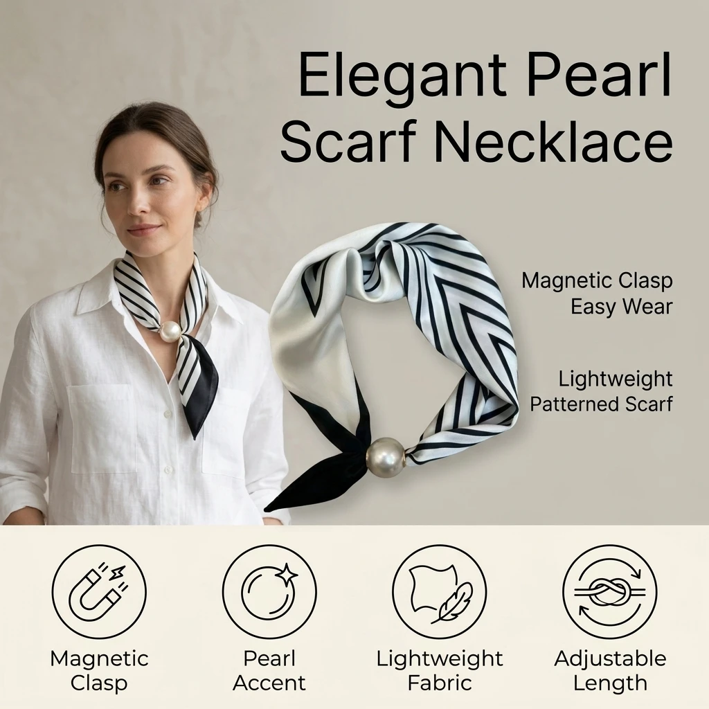 Pearl Silk Scarves For Women Ties Magnetic Clasp French Retro Silk Feel Neck Bows Jewelry Elegant Adjustable Summer bech scarves - 3