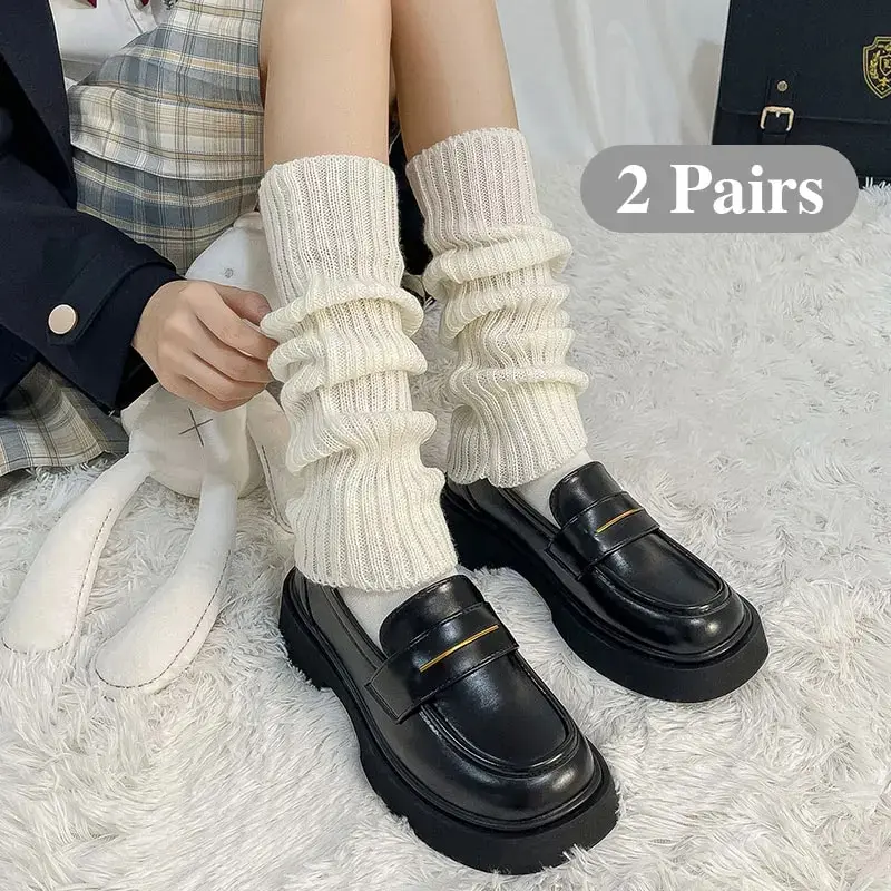 Womens Socks 2 Pairs of Women's Four-season Autumn and Winter Solid Color Harajuku Fashion Wear Trendy Simple JK College Style Pile Socks